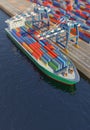 Port cranes loading containers on a cargo ship at the port. Elevated view with tilt-shift effect. Digital 3D render, low poly