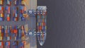 Port cranes loading containers on a cargo ship at the port. Zenithal view. Digital 3D render Royalty Free Stock Photo