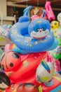 Port Dickson, Malaysia - Nov 5, 2021: Colorful floats and inflatable toys shop on the beach