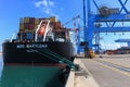 Port dock with container ship and Various brands and colors of shipping containers stacked in a holding platform Royalty Free Stock Photo