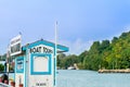 PORT DOVER, CANADA - AUG 26, 2018: A colorful closed boat tour ticket booth on Port Dover Harbour. ON-CA