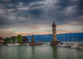 Port entrance of the harbour in the city of Lindau at the Lake Constance or Bodensee in southern Germany