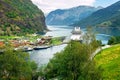 Port Flam with cruise ship. Aurlandsfjord, Norway Royalty Free Stock Photo