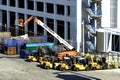 Forklift trucks parked up with an aerial platform