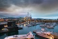 Port Forum marina and harbour at sunset. Empty copy space.