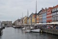 Port full of boats and people in Copenhagen, Denmark under a gloomy weather