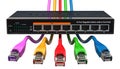 8 port Gigabit Ethernet switch with colored lan cables. 3D rendering