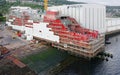 Port Glasgow, UK, July 8th, 2023, New ferry in construction in ship yard by Ferguson Marine