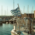 Port, the Greek flag and boats, impressions of Greece