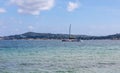 from Port Grimaud towards Saint Tropez with the bay, the Mediterranean Sea and ships and the harbour Royalty Free Stock Photo