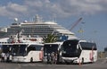 Cruise passengers boarding tour bus. Heraklion port, Crete.