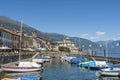 Port and historic house facades in Cannobio on Lake Maggiore in Northern Italy