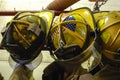 Bright yellow fire fighter helmets at a fire station house Royalty Free Stock Photo