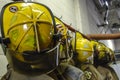 Bright yellow fire fighter helmets at a fire station house Royalty Free Stock Photo