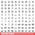 100 port icons set, outline style