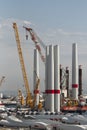 Wind turbine ship loading in the Port of Leaver, France. Turbine components on the quay. Royalty Free Stock Photo