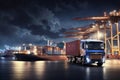 Port logistics by night , Concept ship in port import-export commercial logistic background