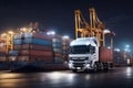 Port logistics by night , Concept ship in port import-export commercial logistic background