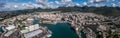 panoramic aerial view of buildings around Caudan Waterfront, Harbor and City of Port Louis, Capital of Mauritius Royalty Free Stock Photo