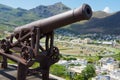 View to the pld cannon at the entrance to the Fort Adelaide overlooking the city in Port Louis, Mauritius.