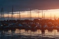 port with luxury yachts and ships and sunny blue sky at sunset or sunrise