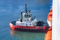 A harbor tug pushing against the side of a cruise liner, New Zealand