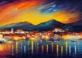 Port at night colorful oil knife painting