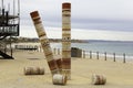 Port Noarlunga Beach with Jetty and Guildhouse art statue, ominent. Beach and Jetty in the Background. Royalty Free Stock Photo