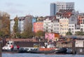 Hamburg, Germany. Port. Old-fashioned colorful houses on banks of Elbe river.