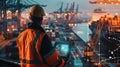 Port operator in high-visibility gear overseeing shipping operations at night Royalty Free Stock Photo