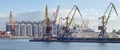 Port panorama, harbor cranes and granaries in the cargo seaport