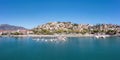 Port Paralio Astros, Arcadia, Peloponnese Greece. Aerial drone panoramic view of town, moored boat