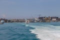 Port of Piombino, view from sailing ferry boat, Toscana, Italy