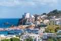 The port of the Ponza island in summer. Coloured houses, boats, ferry in the harbour of island of Ponza.