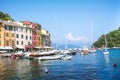 Port, Portofino, Italy, Genova, Liguria, 09 aug, 18: Cozy cafes, colored houses, boatsin the picturesque harbor of Portofino