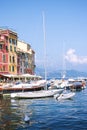 Port, Portofino, Italy, La Genova Province, Liguria Regione, 09 august, 2018: Cozy cafes, colored houses, boats and yachts in the