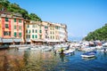 Port, Portofino, Italy, Genova,Liguria, 09 aug,18:tourists, cozy cafes, colored houses, boats and yachts in the picturesque harbor