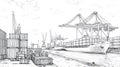 Container Ship and Cranes in a Busy Port, Sketch Style Royalty Free Stock Photo