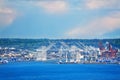 Port of Seattle with cranes and docks for ships Royalty Free Stock Photo