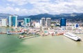 Port of Spain, Trinidad and Tobago - Dec 24 2019: Aerial view of the capital city of a tropical island. Skyscrapers.