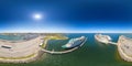 An aerial drone view of the cruise ships in Port of Tallinn at Baltic Sea. Tourism, leisure activity, recreation theme. 360 pano Royalty Free Stock Photo