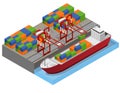 Port Town and Barge Ship Isometric View. Vector