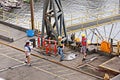 Port of Vancouver, WA, USA. August,21, 2020. Shore dockers work on the berth with ship ropes during the mooring operation of a bul