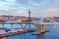 Port Vell with its bridge Porta d`Europa and the aerial tramway tower Torre Jaume I in Barcelona Royalty Free Stock Photo