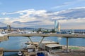 Port Vell with its cruise terminal, bridge Porta d`Europa and W Barcelona early in the morning Royalty Free Stock Photo