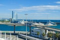 Port Vell with its cruise terminal, marina, bridge Porta d`Europa and W Barcelona Royalty Free Stock Photo