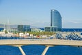 Port Vell with its marina, bridge Porta d`Europa, Nautic Center and W Barcelona Royalty Free Stock Photo