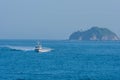 Port view of Korean police frigate in ocean near seaport