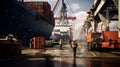 Port workers hustle, stacking vibrant containers onto the ship. Precision meets chaos