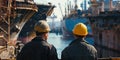 Port workers in protective yellow helmets stand with their backs and look at the ships. View from the back